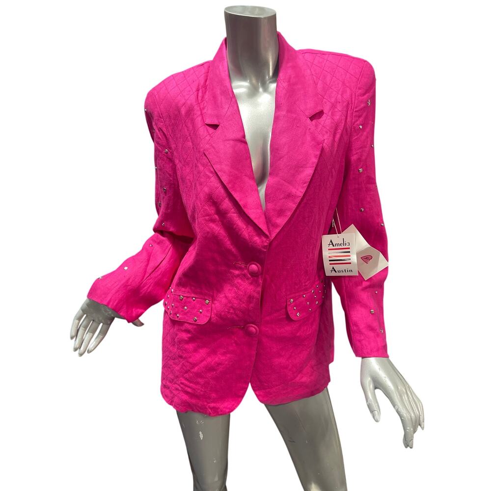 Amelia Austin Vintage Pink Studs Embellished Linen Blazer Jacket size M